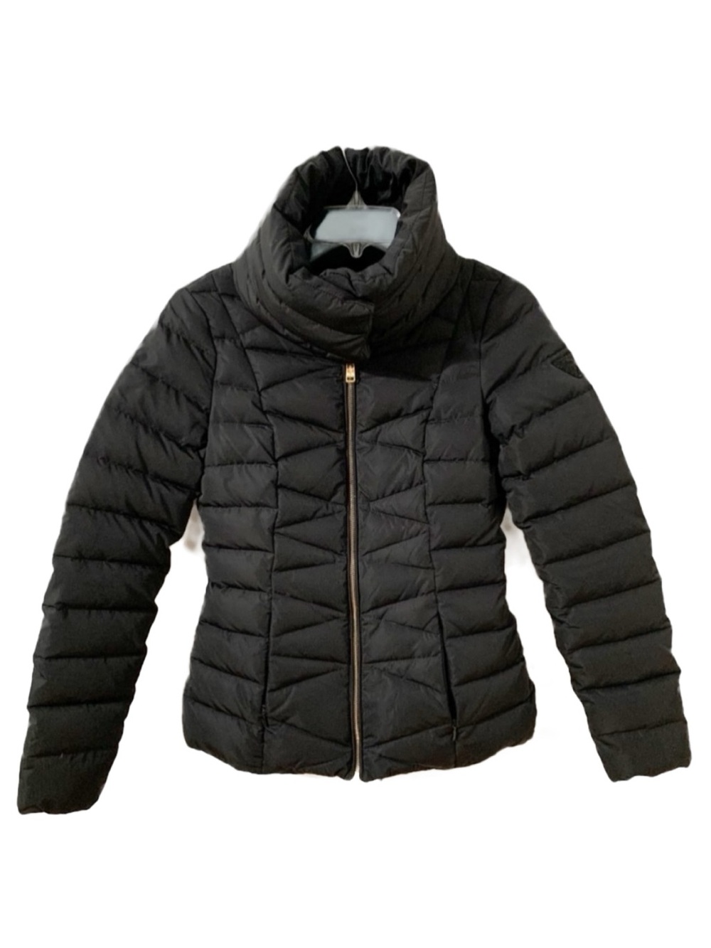 Guess Goose Down Quilted Puffer Parka Front Zip Oversize Collar Magnetic Closure